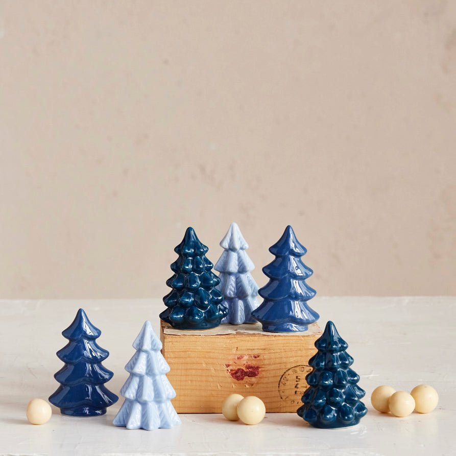 Set of Six 2" Tiny Ceramic Christmas Trees Shade of Blue - Marmalade Mercantile
