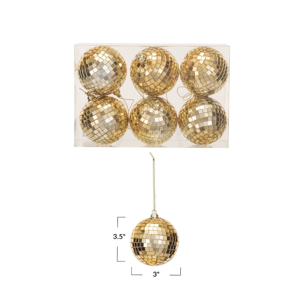 Set of Six Glass & Foam Disco Ball Christmas Ornaments CHOICE of Silver or Gold - Marmalade Mercantile