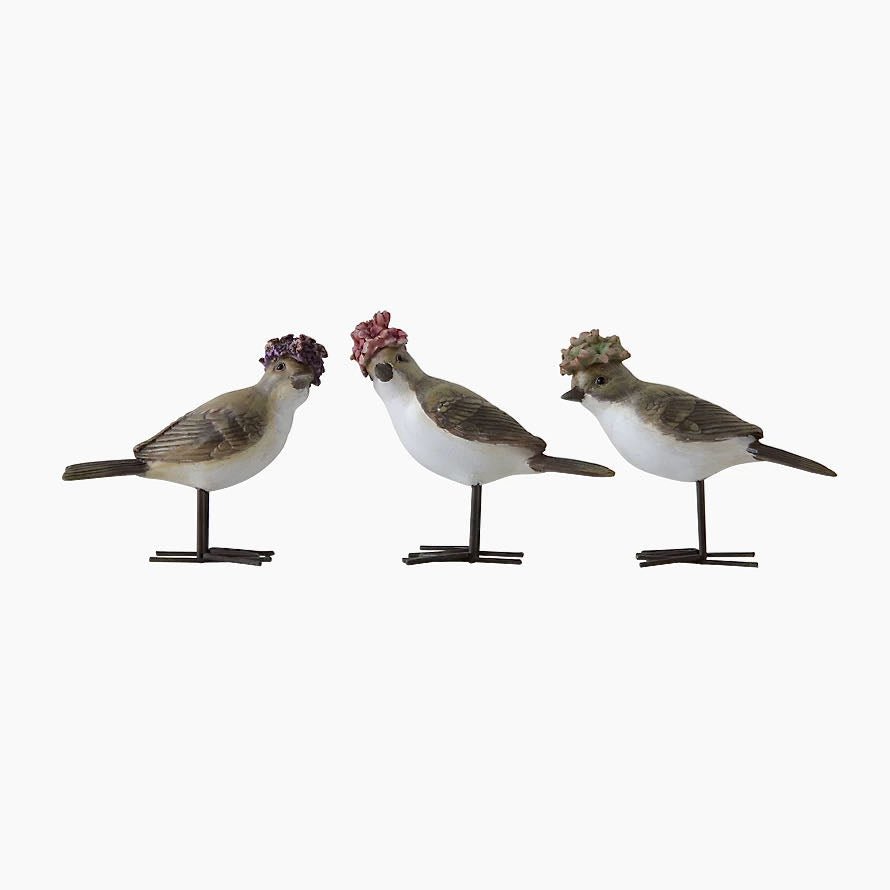 Set of Three Cast Resin Birds with Flower Hats - Marmalade Mercantile