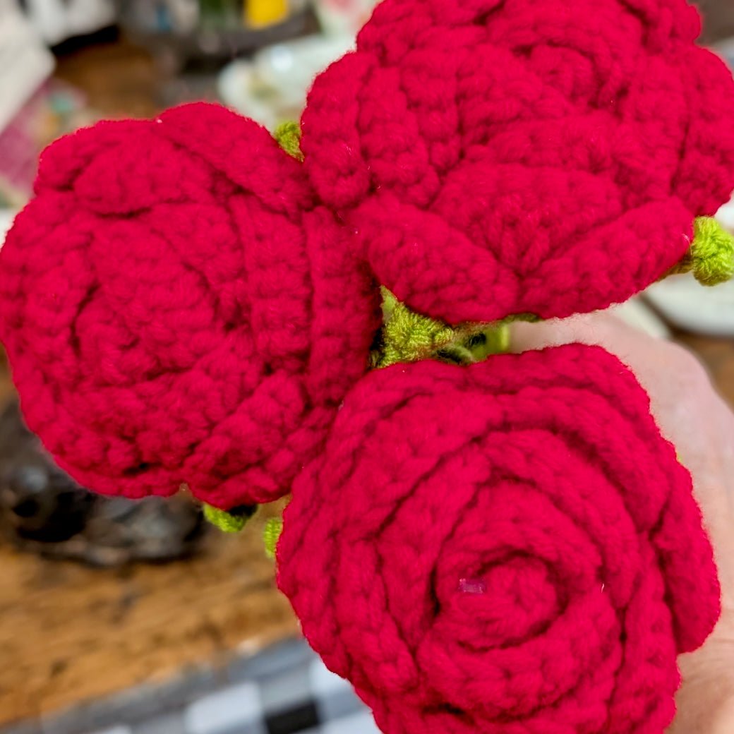 Set of THREE Hand - Made Crocheted Red Rose Stems - Marmalade Mercantile