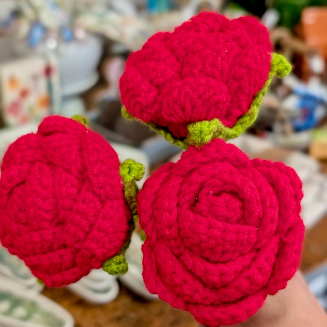 Set of THREE Hand - Made Crocheted Red Rose Stems - Marmalade Mercantile