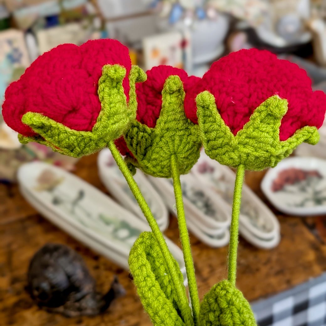 Set of THREE Hand - Made Crocheted Red Rose Stems - Marmalade Mercantile