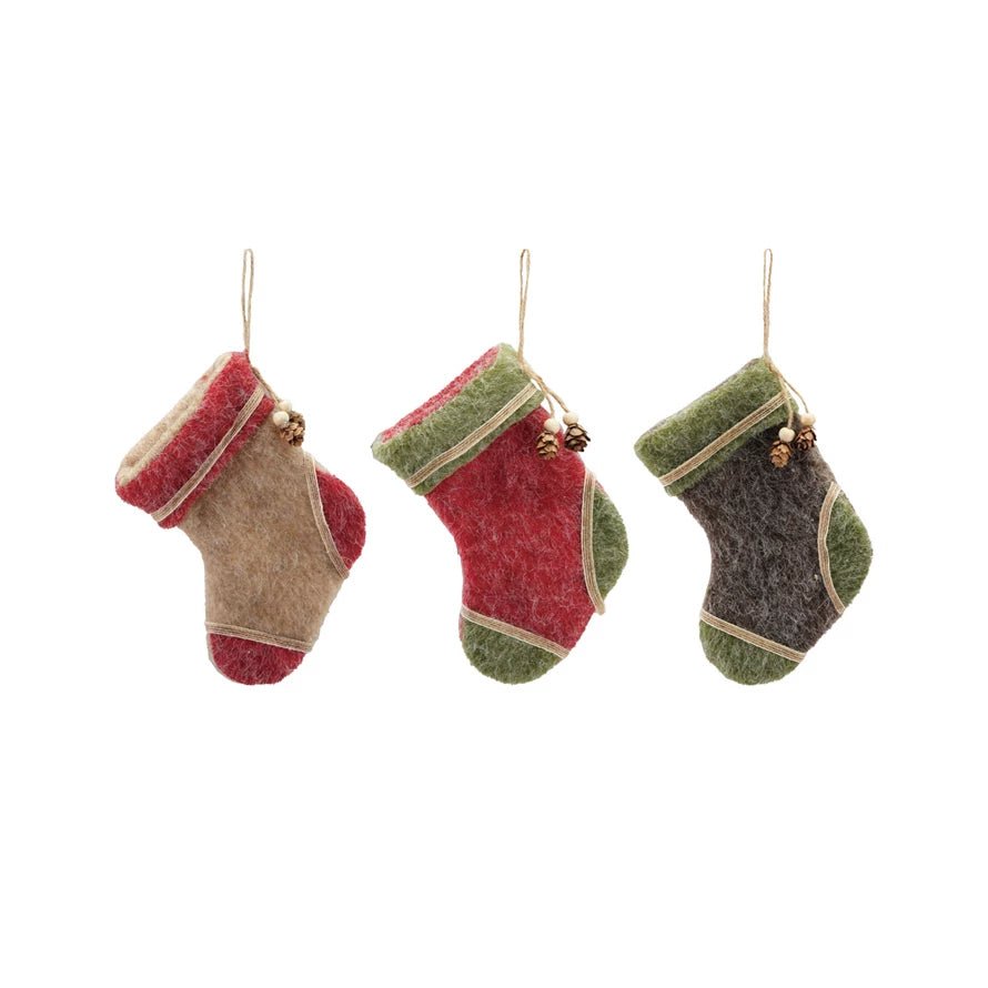 Set of Three Mini Felt Stocking Ornaments with Pine Cones - Marmalade Mercantile