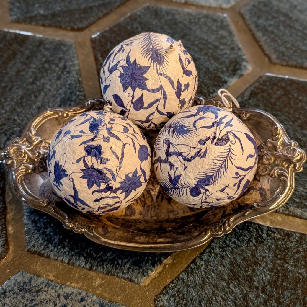 Set of Three Recycled Printed Paper Maché Christmas Ornaments Blue & White - Marmalade Mercantile