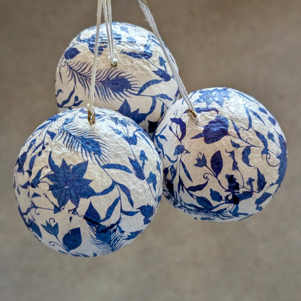 Set of Three Recycled Printed Paper Maché Christmas Ornaments Blue & White - Marmalade Mercantile