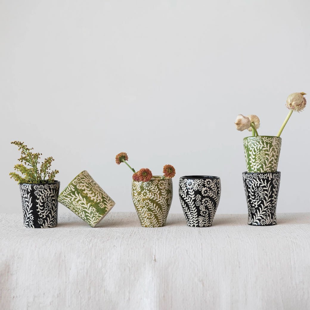 Set of Three Wax Relief Stoneware Botanical Cup Vases CHOICE of Green or Black - Marmalade Mercantile