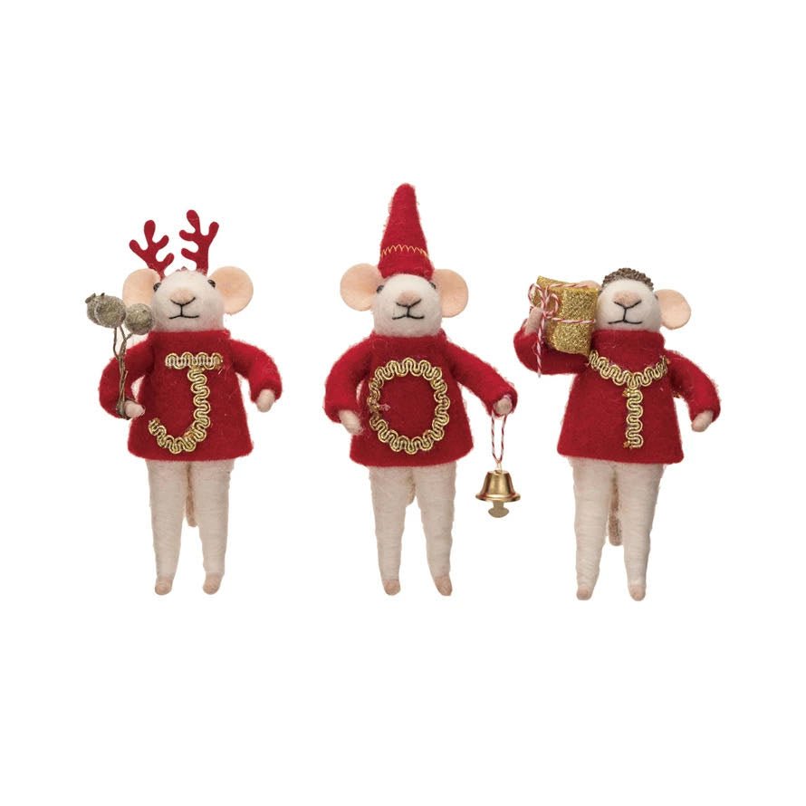 Set of Three Wool Felt Mouse Ornaments in Sweaters "JOY" - Marmalade Mercantile