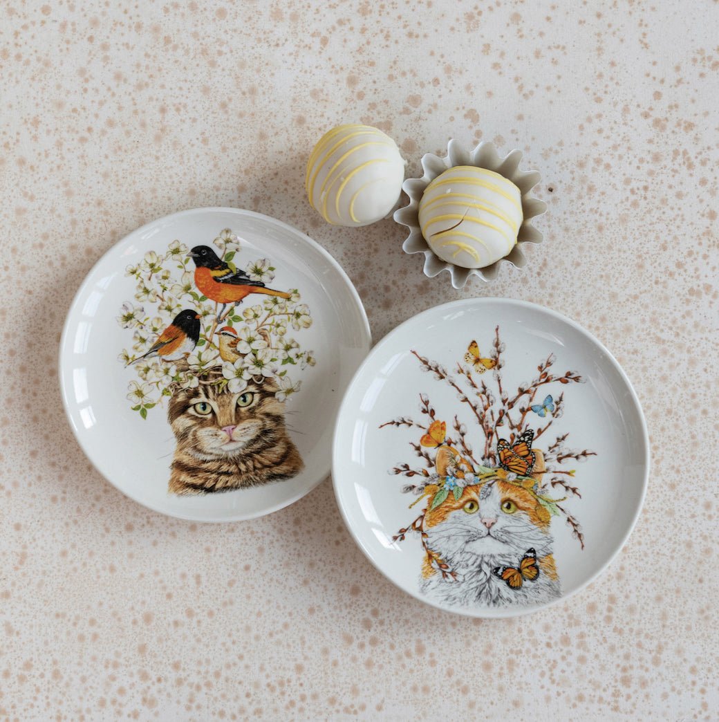 Set of Two 6” Stoneware Snack Plates with Cats, Flora & Fauna - Marmalade Mercantile