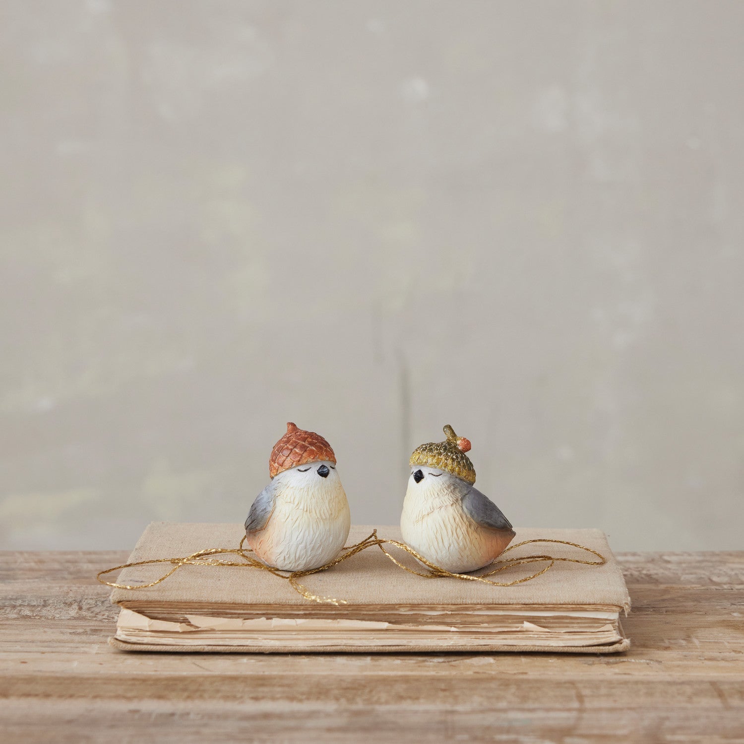 Set of Two Cast Resin Bird Figures with Acorn Hats - Marmalade Mercantile
