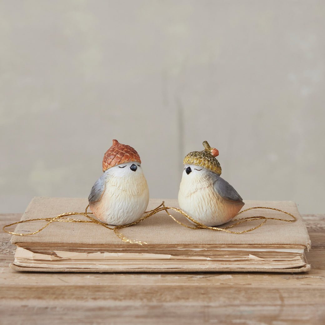 Set of Two Cast Resin Bird Figures with Acorn Hats - Marmalade Mercantile