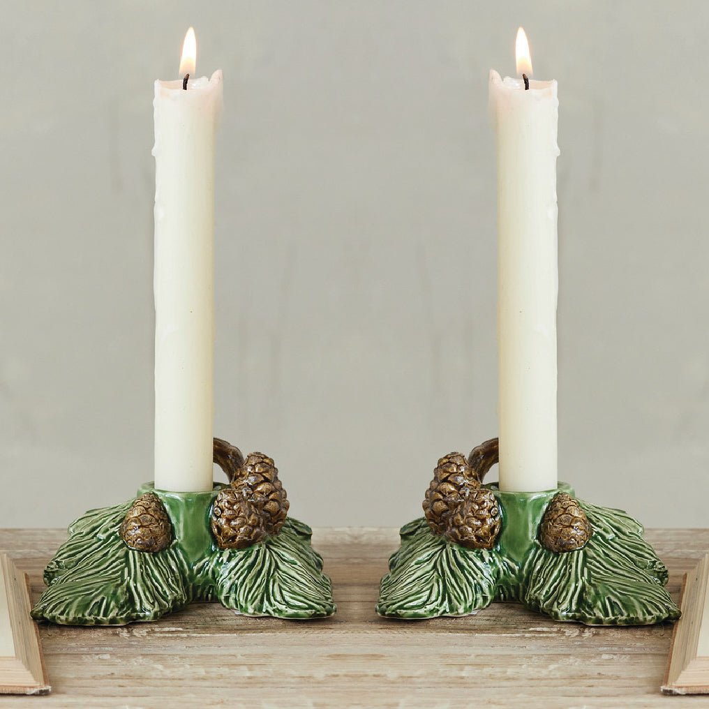 Set of Two Ceramic Pine Bough Taper Candle Holders w Pinecones