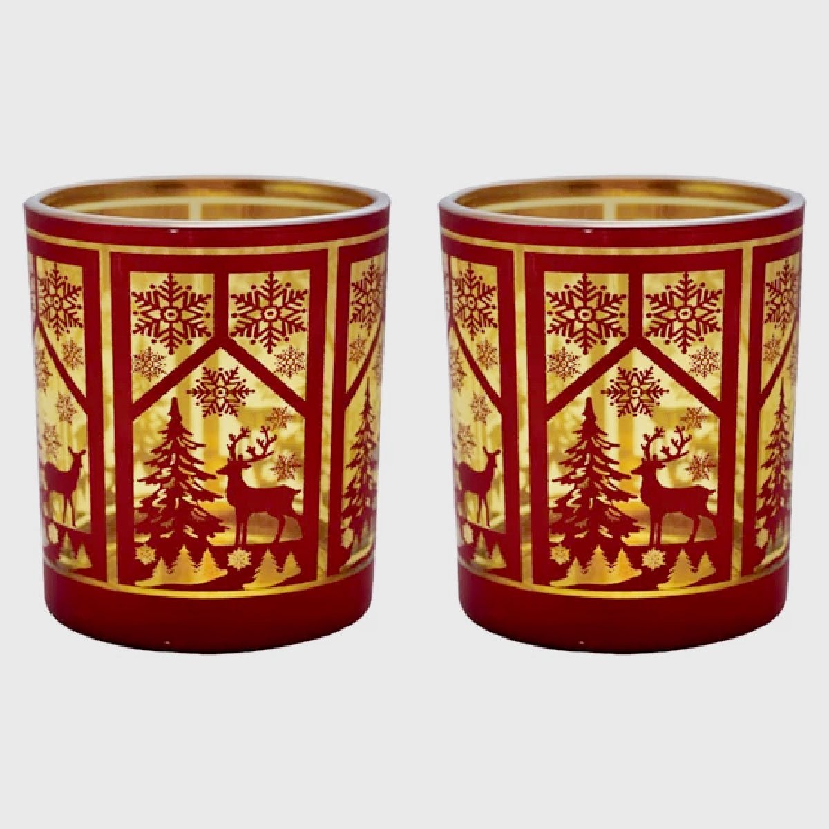 Set of Two Laser Etched Glass Tealight/Votive Holders Holiday Window Pattern - Marmalade Mercantile
