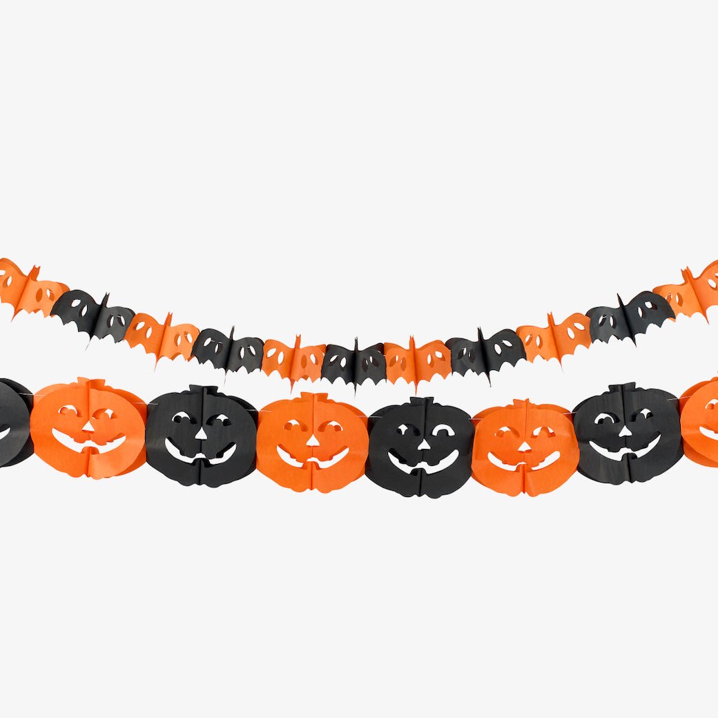 Set of Two Paper Halloween Banners Black & Orange Pumpkins & Bats - Marmalade Mercantile