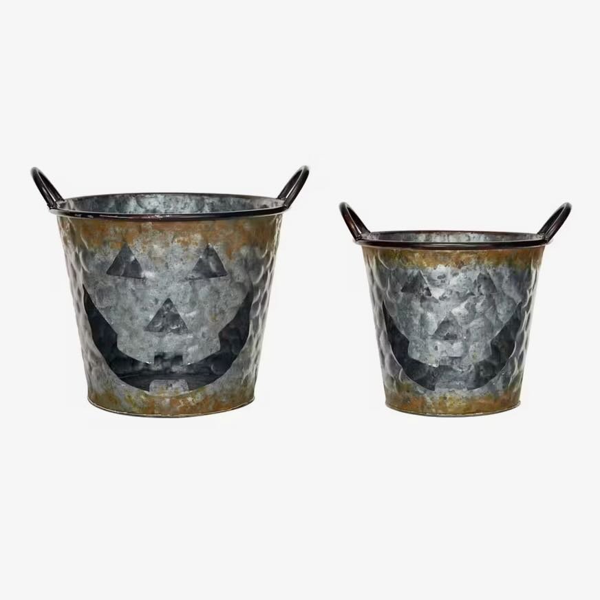 Set of Two Rustic Metal Jack O Lantern Buckets - Marmalade Mercantile