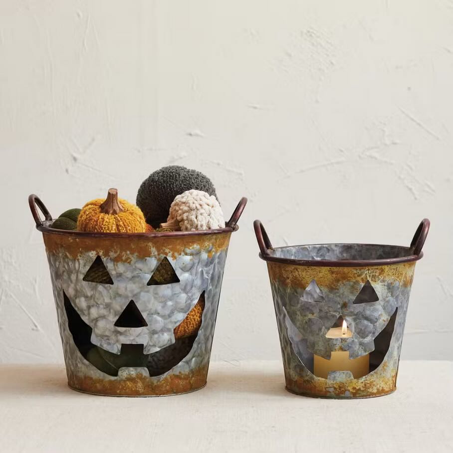 Set of Two Rustic Metal Jack O Lantern Buckets - Marmalade Mercantile