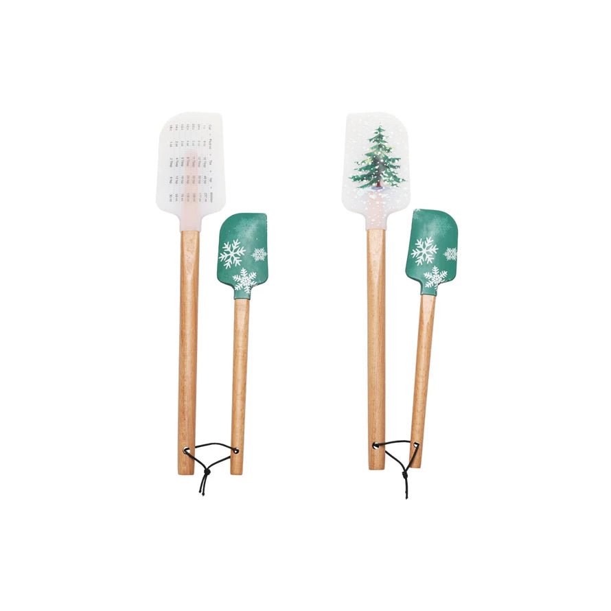 Set of Two Silicone & Wood Holiday Spatula Set Green/White Evergreen & Snowflake - Marmalade Mercantile
