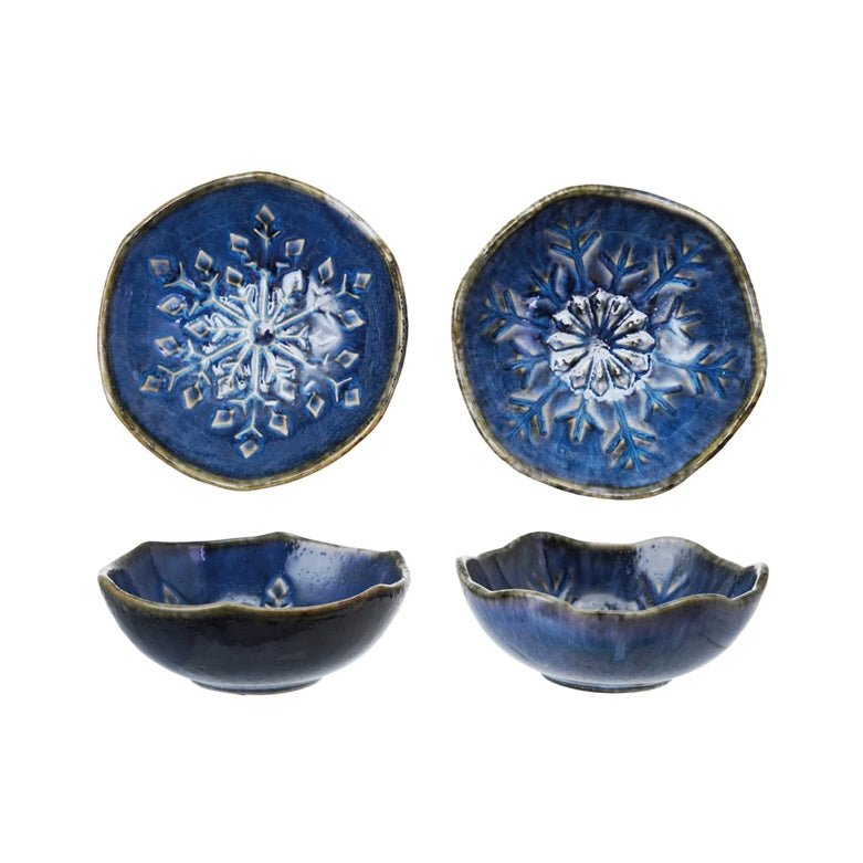 Set of Two Small Blue Snowflake Bowls with Reactive Glaze - Marmalade Mercantile