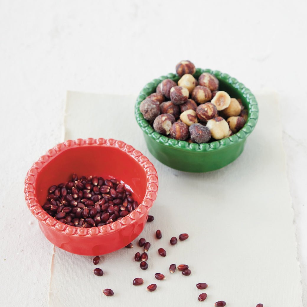 Set of Two Stoneware Bowls w Hobnail Rim & Organic Shape (Red & Green) - Marmalade Mercantile