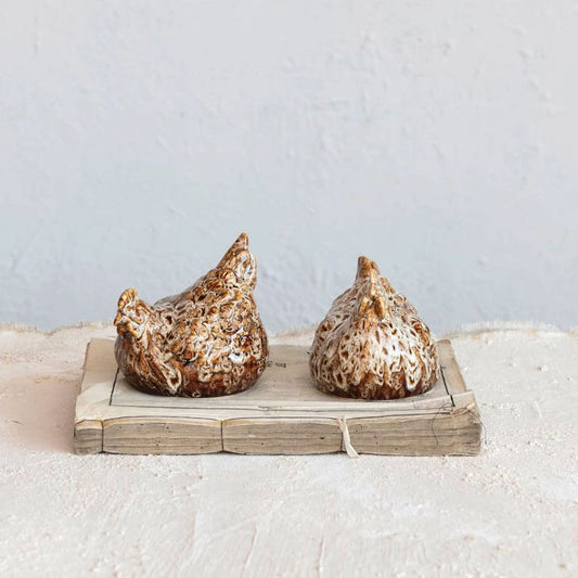 Set of Two Stoneware Hens with Speckled Reactive Glaze - Marmalade Mercantile