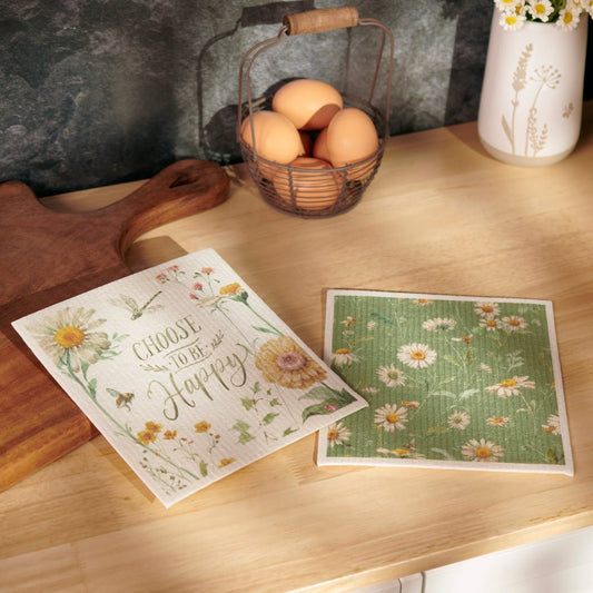 Set of Two Swedish Dishcloth - Choose to Be Happy Spring Daisies - Marmalade Mercantile