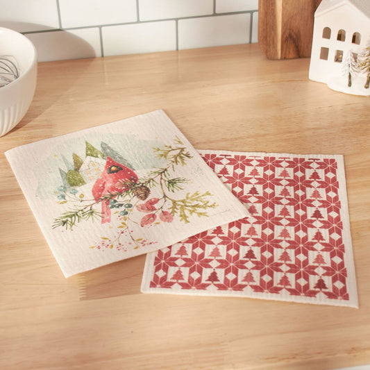 Set of Two Swedish Dishcloths - Holiday Cardinal + Red & White Scandi Print - Marmalade Mercantile