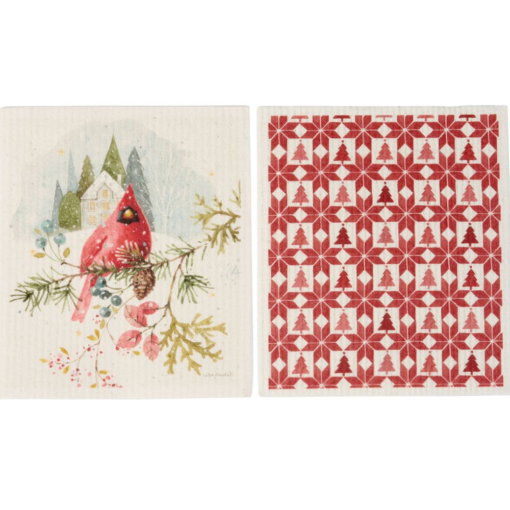 Set of Two Swedish Dishcloths - Holiday Cardinal + Red & White Scandi Print - Marmalade Mercantile