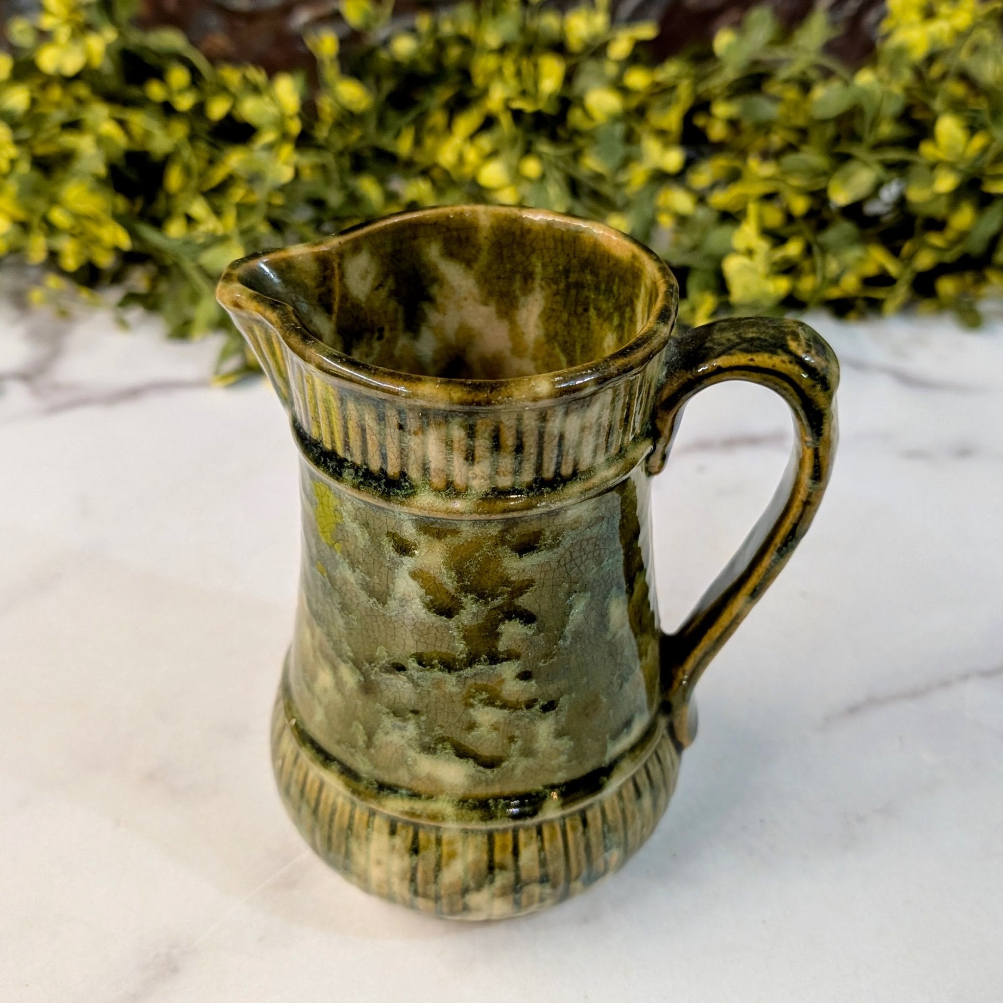 Small Antique Green Milk Jug with Spatter Glaze - Marmalade Mercantile