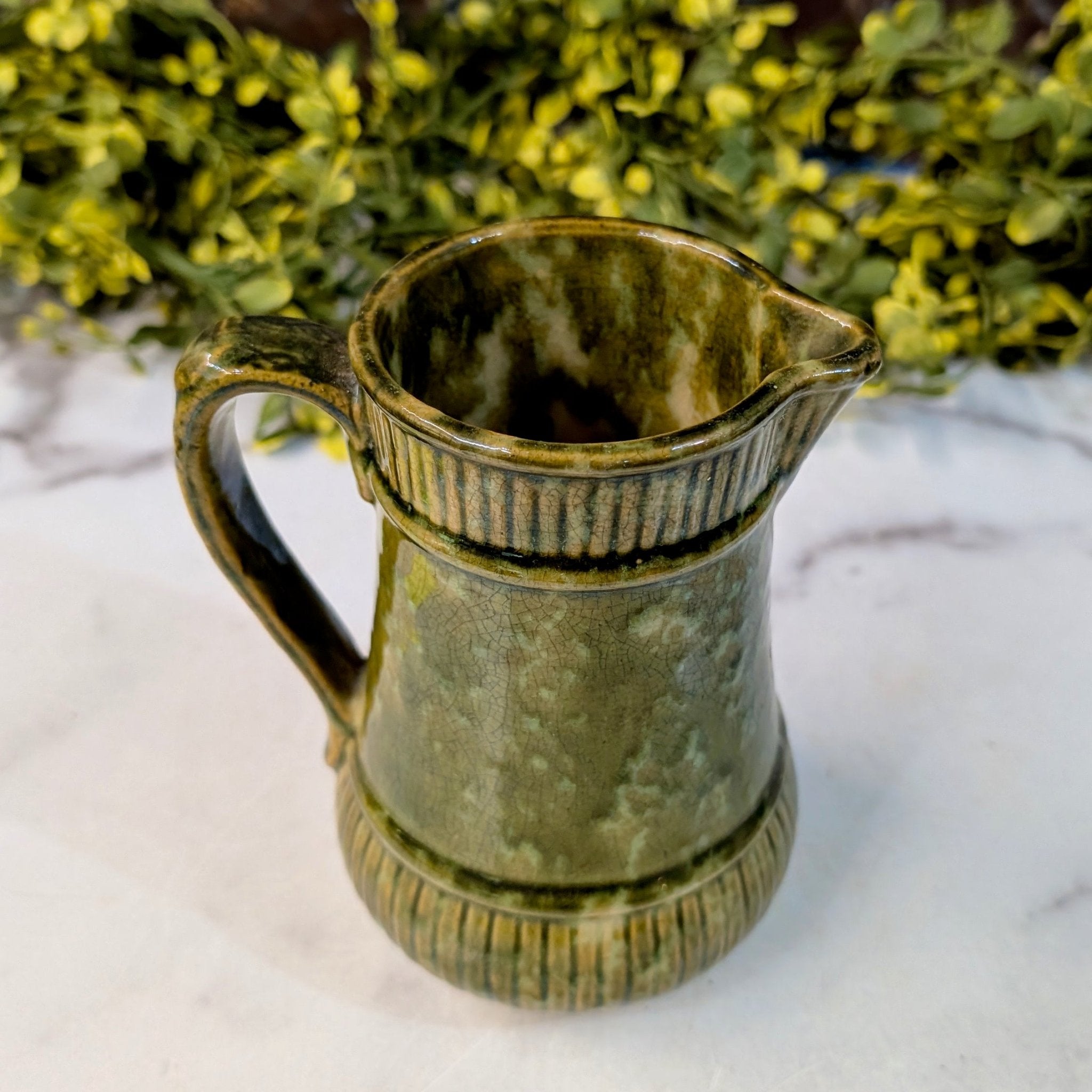 Small Antique Green Milk Jug with Spatter Glaze - Marmalade Mercantile