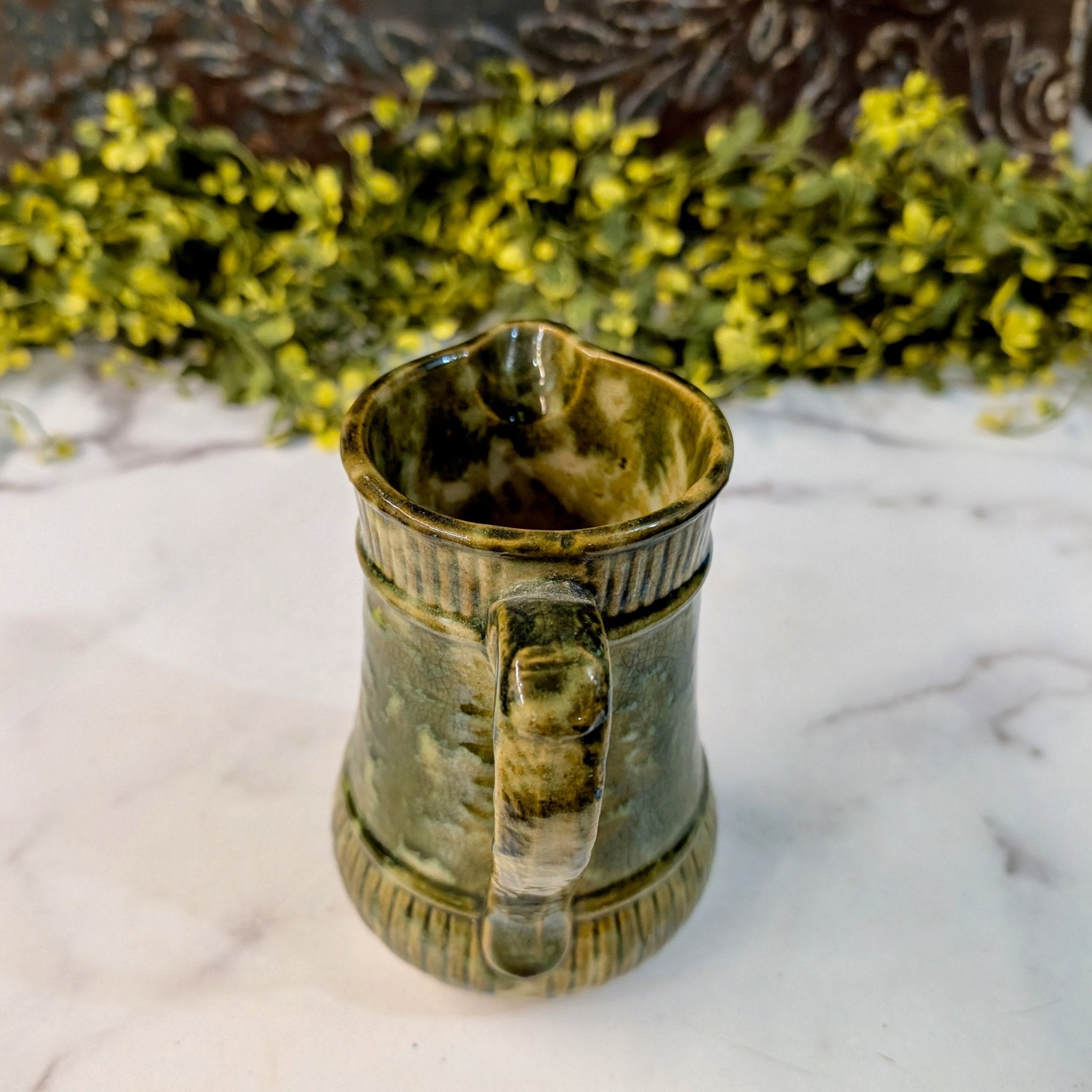 Small Antique Green Milk Jug with Spatter Glaze - Marmalade Mercantile