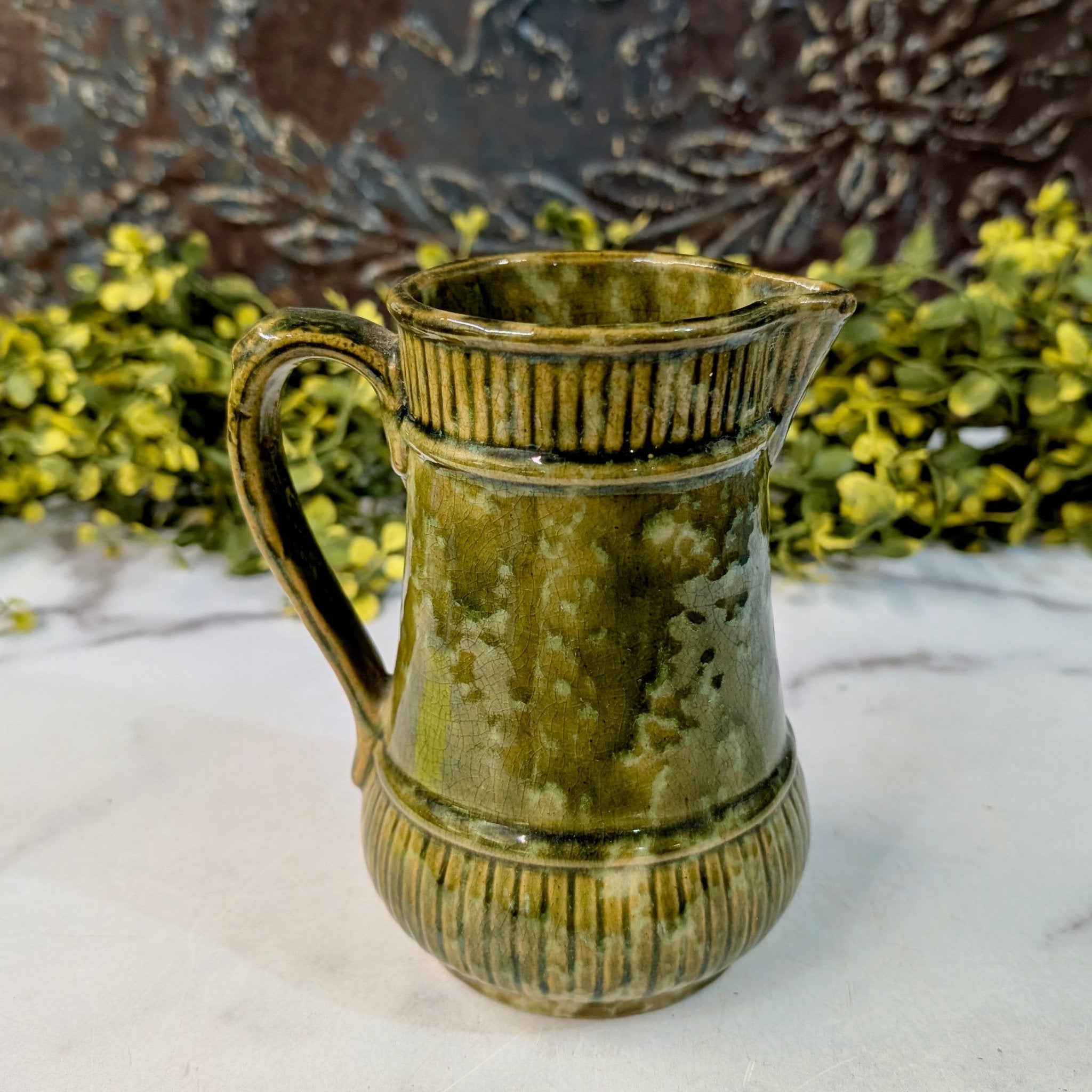 Small Antique Green Milk Jug with Spatter Glaze - Marmalade Mercantile