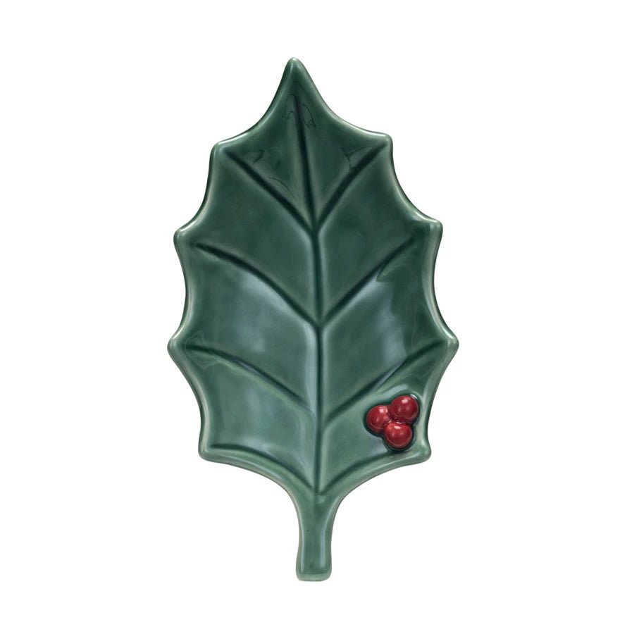 Small Stoneware Holly Leaf Dish with Red Berries - Marmalade Mercantile
