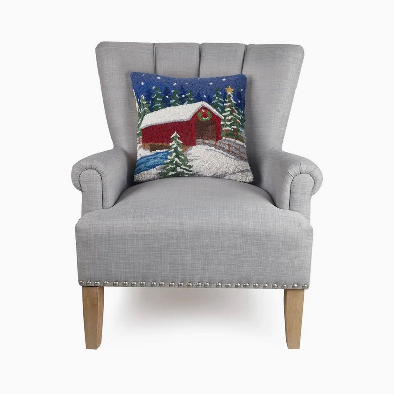 Snowy Holiday Covered Bridge Hooked Rug Pillow - Marmalade Mercantile