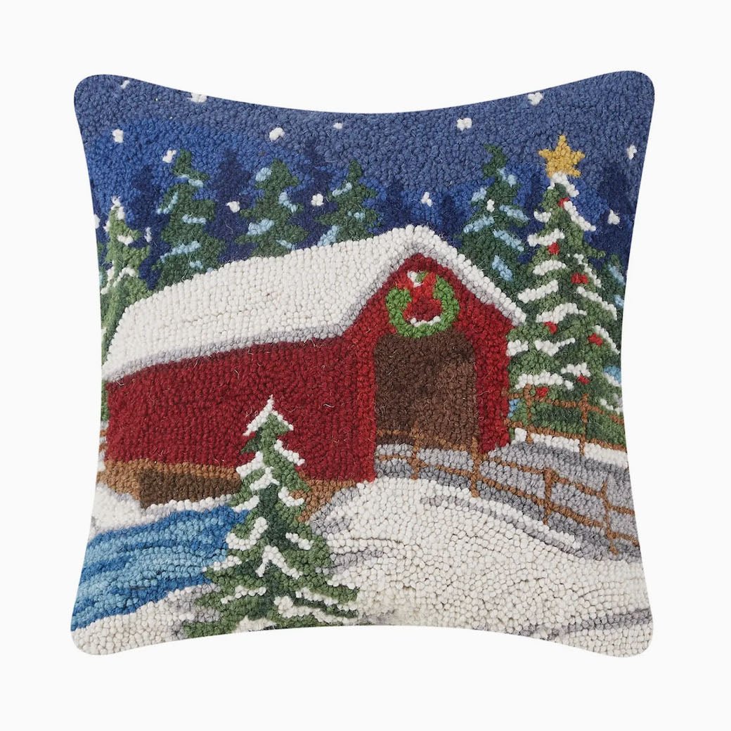 Snowy Holiday Covered Bridge Hooked Rug Pillow - Marmalade Mercantile