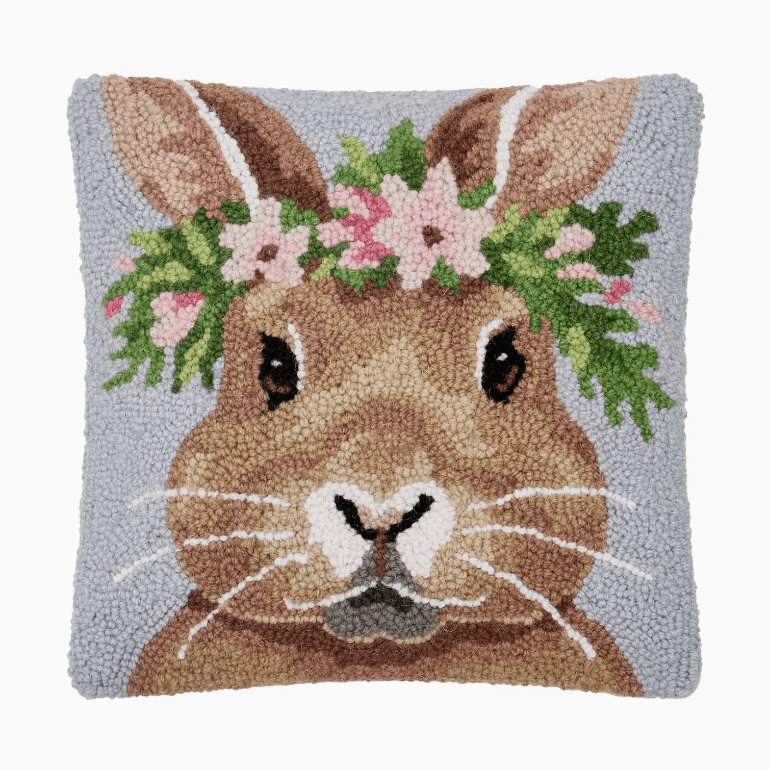 Springtime Bunny with Floral Crown Hooked Rug Pillow - Marmalade Mercantile