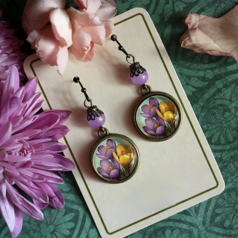 Springtime Crocus Vintage - Inspired Glass Cabochon Earrings for Pierced Ears - Marmalade Mercantile