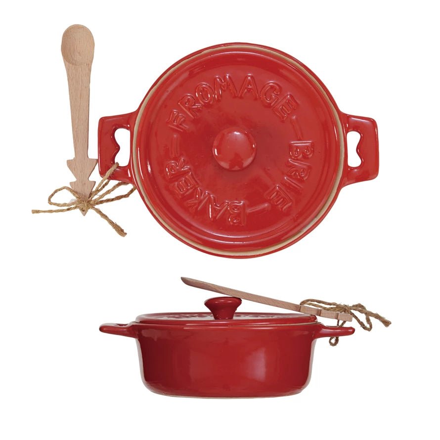 Stoneware Brie Baker w/ Wood Tree Shaped Spoon (Each one will vary) - Marmalade Mercantile