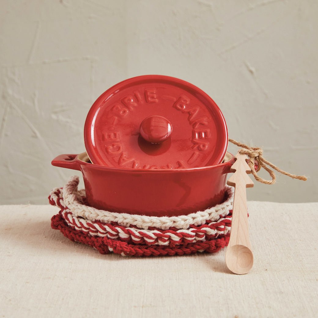 Stoneware Brie Baker w/ Wood Tree Shaped Spoon (Each one will vary) - Marmalade Mercantile