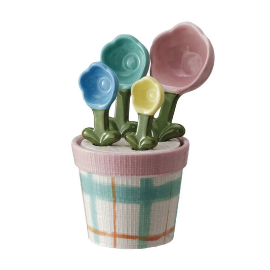 Stoneware Flower Pot with Measuring Spoons - Marmalade Mercantile