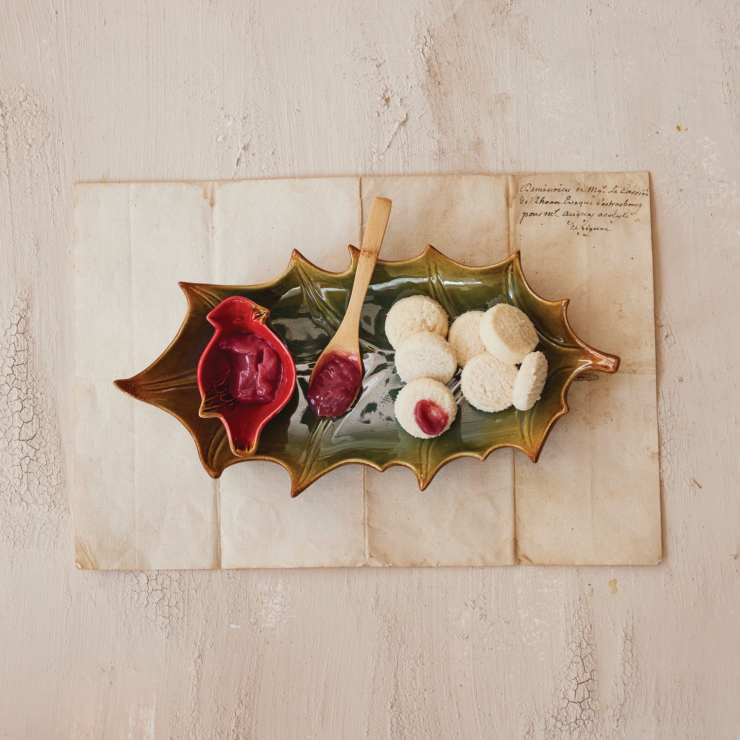 Stoneware Holly Leaf - Shaped Serving Plate with Bamboo Spoon & Cardinal Dish - Marmalade Mercantile