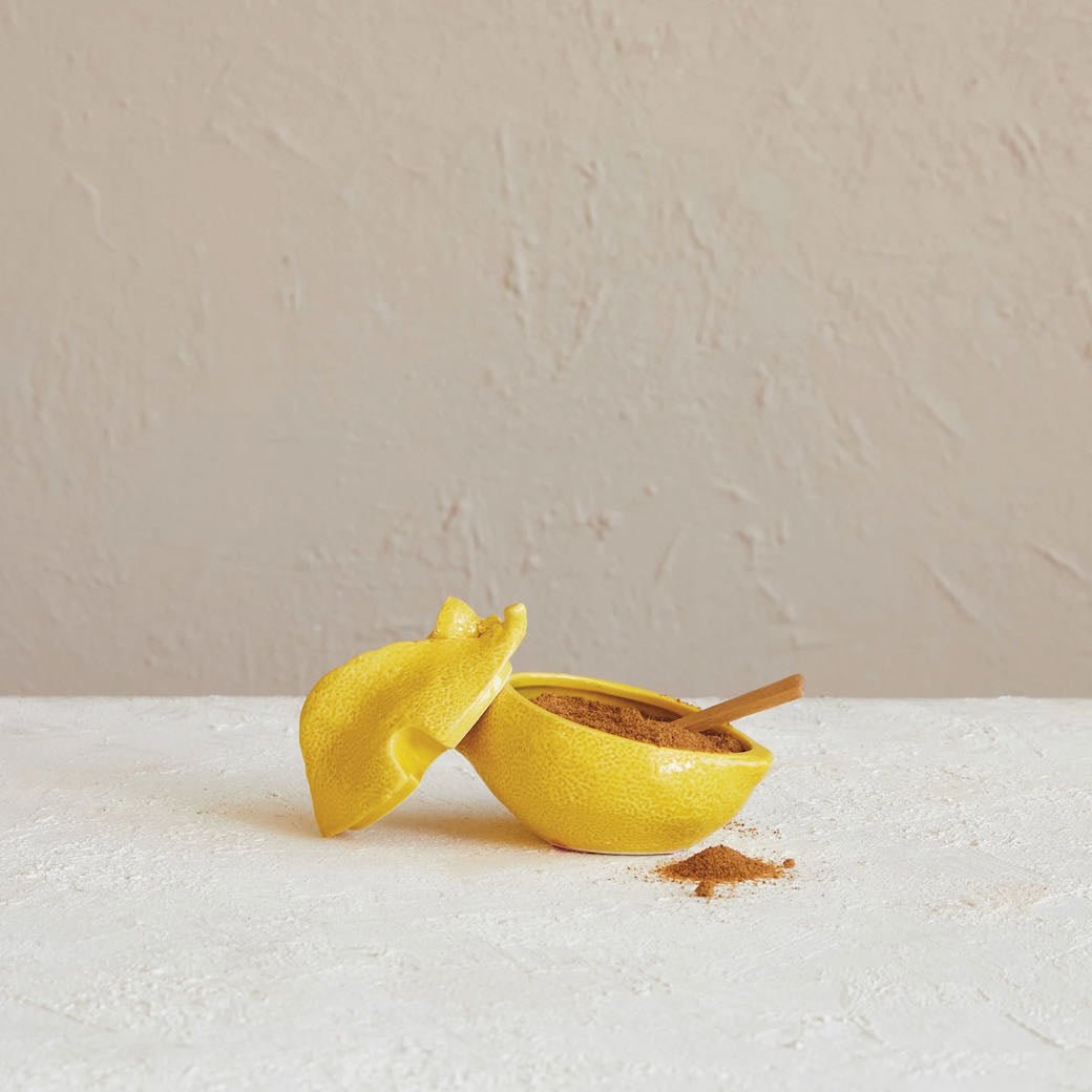 Stoneware Lemon - Shaped Sugar Pot with Spoon - Marmalade Mercantile