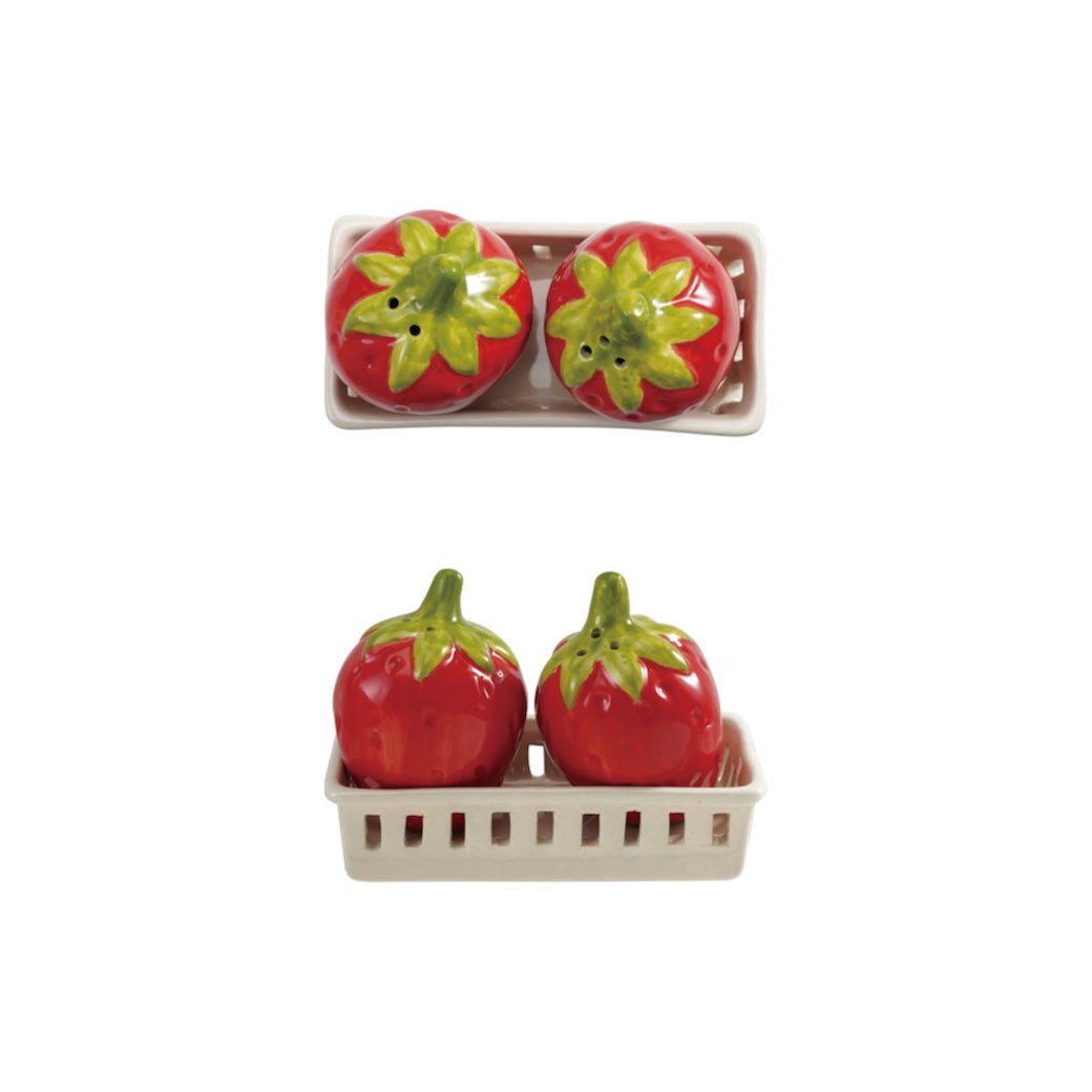 Stoneware Strawberry Shaped Salt & Pepper Set w Berry Basket Holder - Marmalade Mercantile