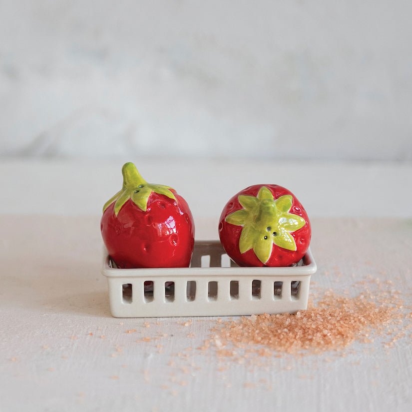 Stoneware Strawberry Shaped Salt & Pepper Set w Berry Basket Holder - Marmalade Mercantile