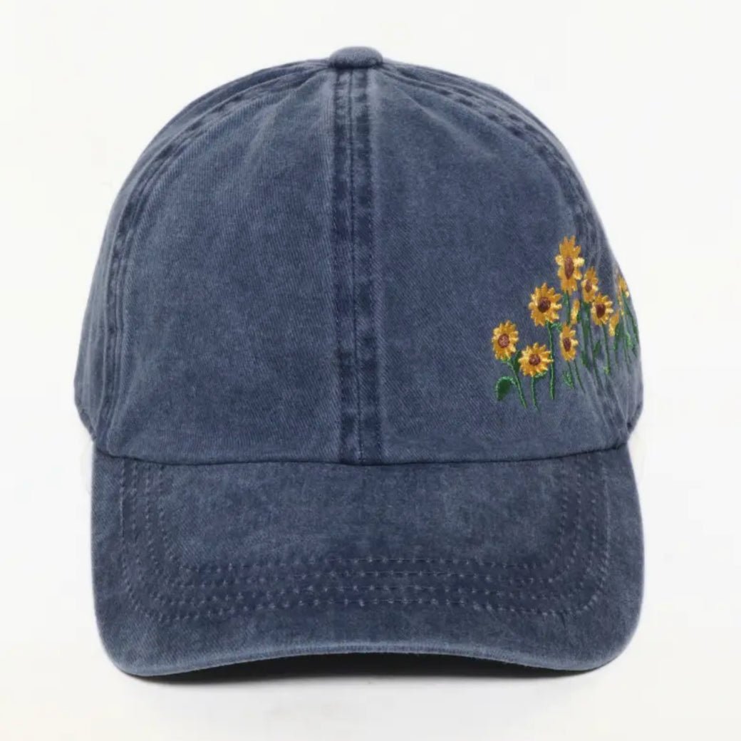 Stonewashed Navy Sunflowers Ball Cap - Marmalade Mercantile