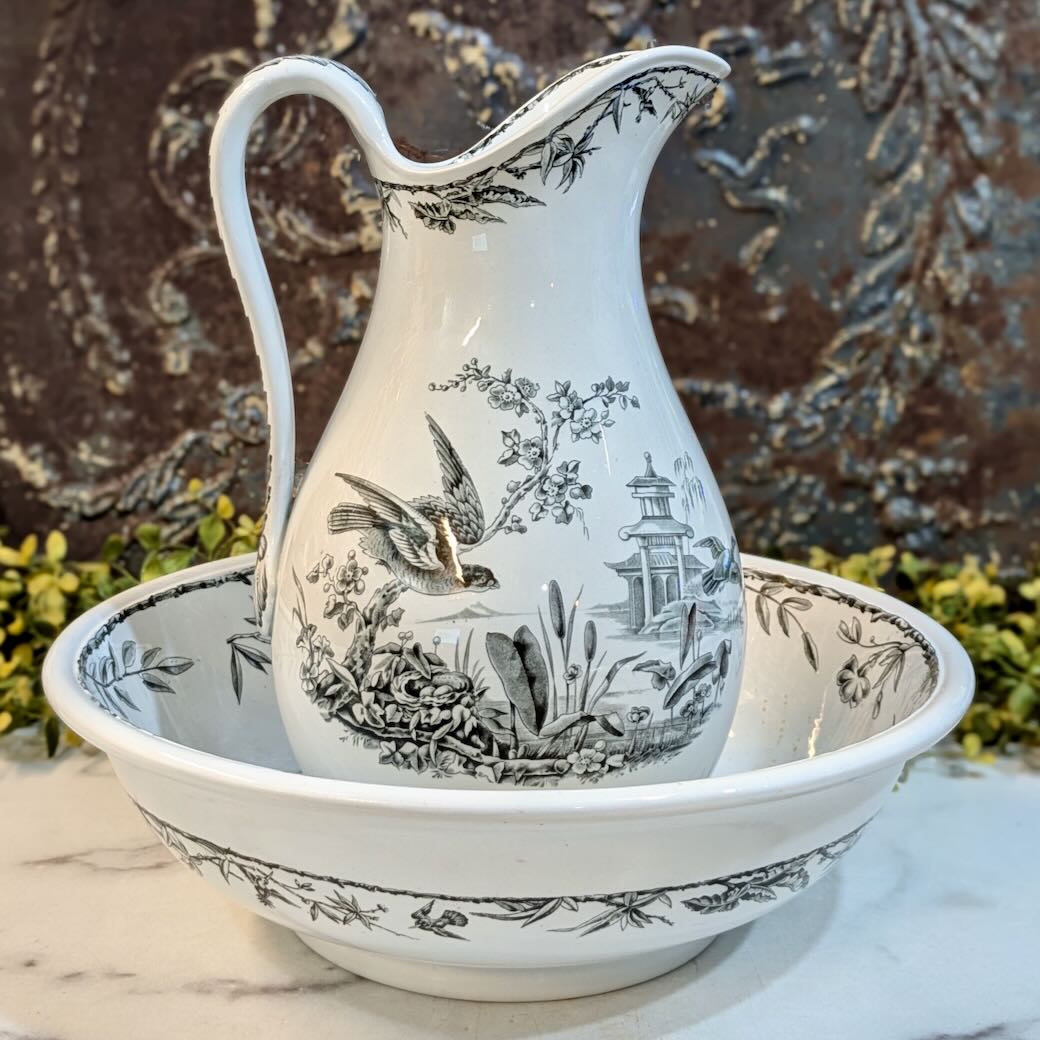 Stunning Antique English Black Transferware Pitcher and Bowl - Marmalade Mercantile