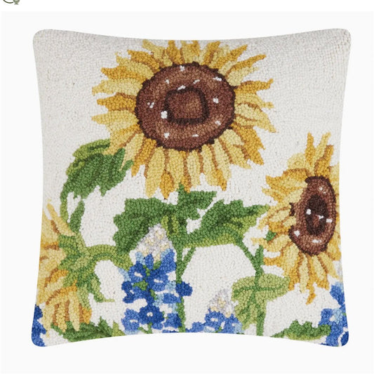 Sunflowers & Bluebonnets Hooked Rug Pillow - Marmalade Mercantile