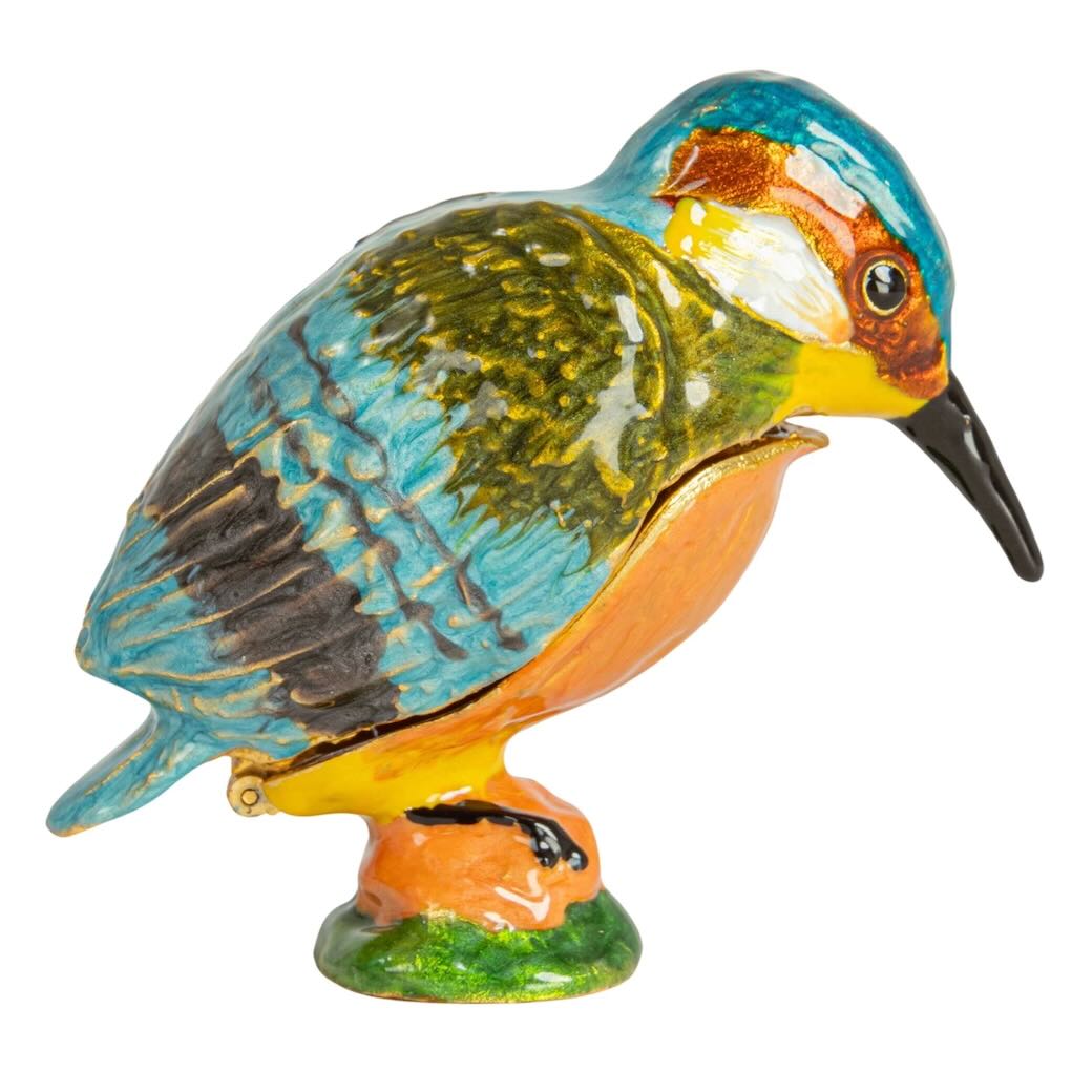 Tiny Enameled Bejeweled Metal Kingfisher Trinket Box - Marmalade Mercantile