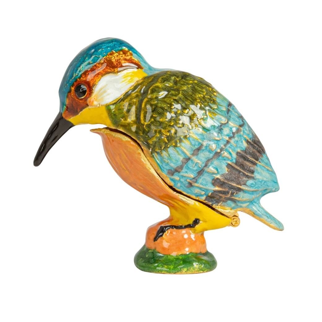 Tiny Enameled Bejeweled Metal Kingfisher Trinket Box - Marmalade Mercantile