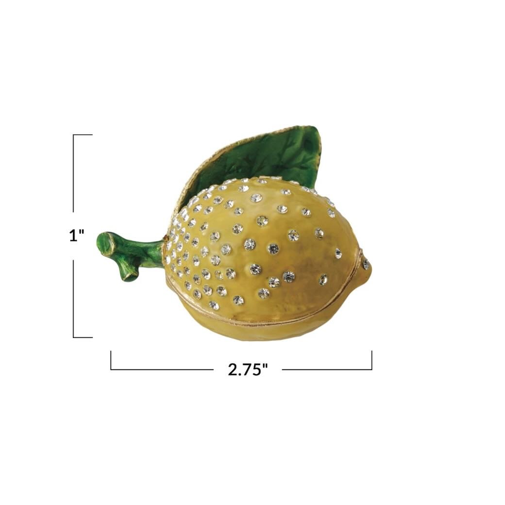 Tiny Enameled Bejeweled Metal Lemon Shaped Trinket Box - Marmalade Mercantile