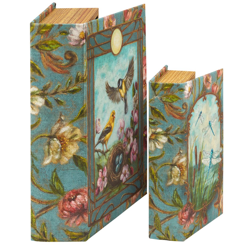 Two Art Nouveau - Inspired Storage Books w Goldfinches & Dragonflies - Marmalade Mercantile