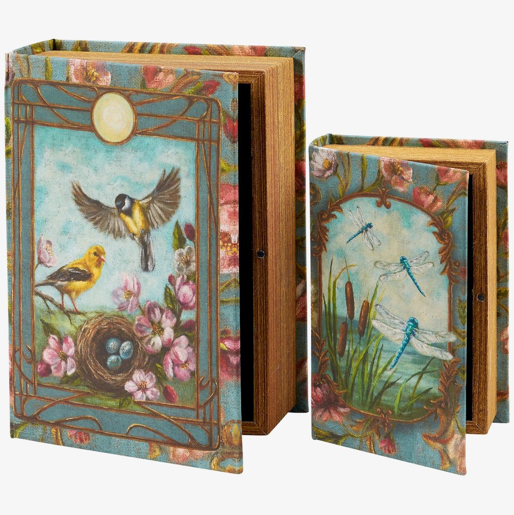 Two Art Nouveau - Inspired Storage Books w Goldfinches & Dragonflies - Marmalade Mercantile